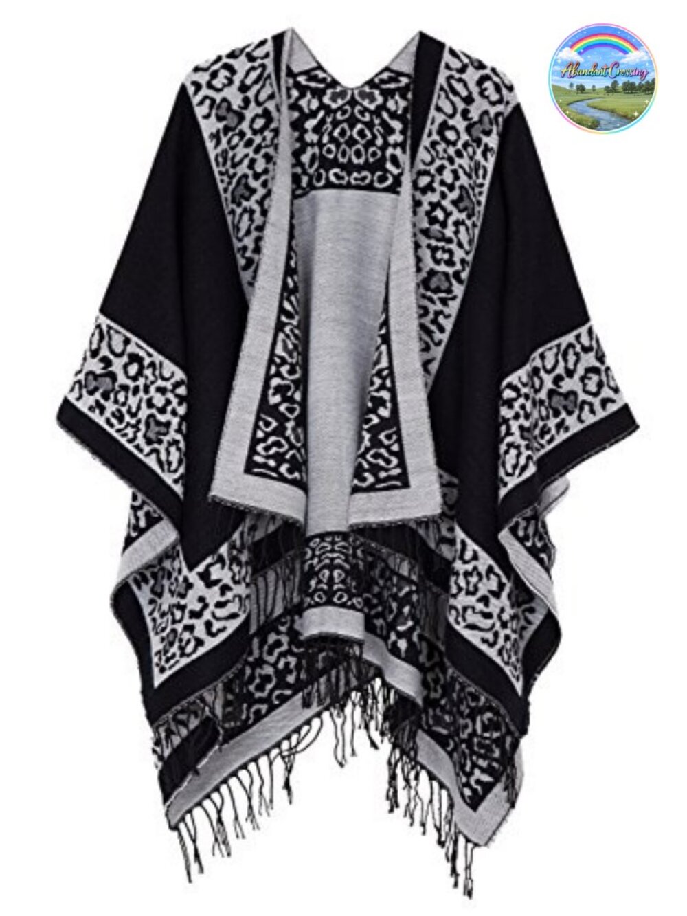 Open Front Poncho Shawl Wrap Western Printed Tassel Reversible Polyester Acrylic
